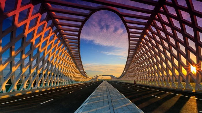 Modern bridge architecture in China at sunset