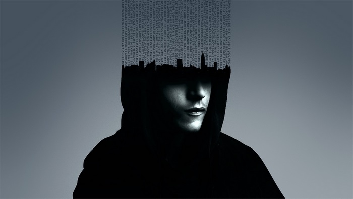 Mr. Robot hacker with city skyline and data
