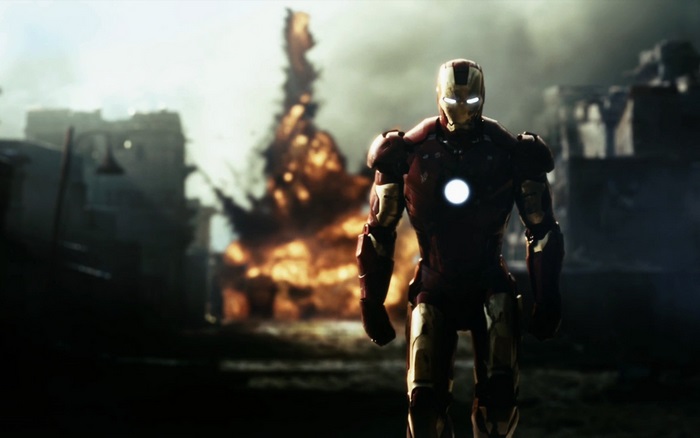 Iron Man in front of an explosion