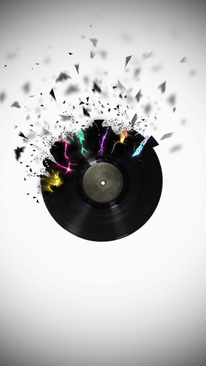 Exploding vinyl record with colorful lightning