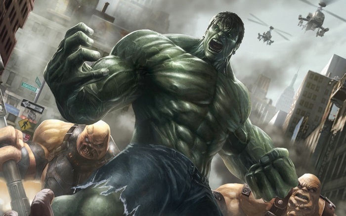 Fierce Hulk Battling in a Cityscape with Helicopters