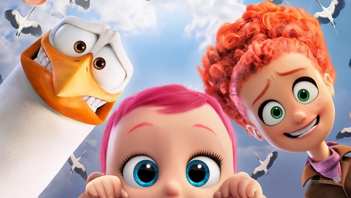 Storks movie poster with baby and girl