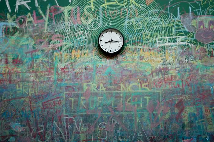 Chalkboard with clock and graffiti