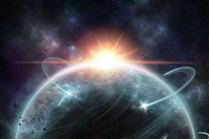 Blue planet with sunrays and rings in space 4K