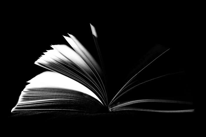 Open book with pages fanning out in black and white 4K