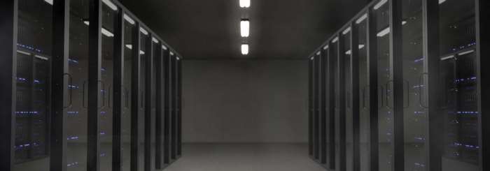 Server room with rows of computer cabinets