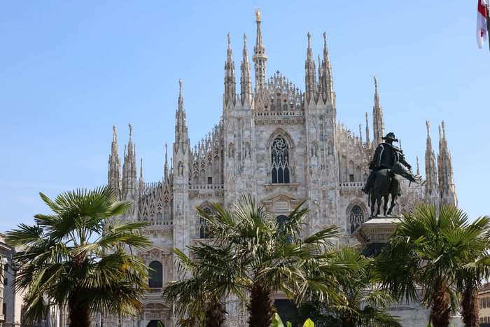 Milan Cathedral and equestrian statue in Italy 4K