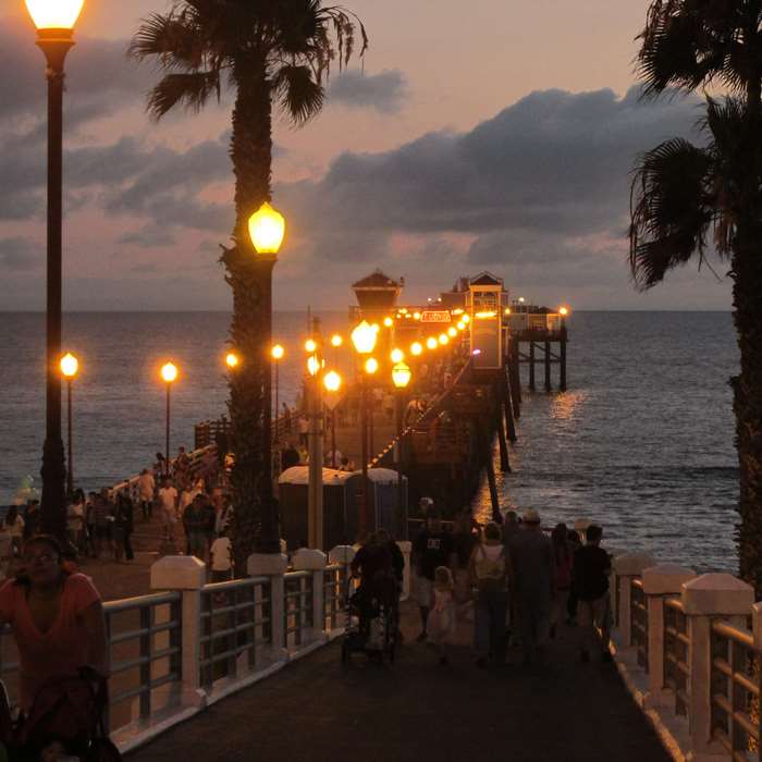 Pier at Sunset with Palm Trees and Lights