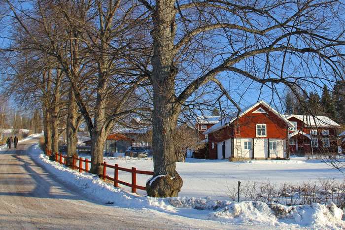 Traditional Swedish red houses in a snowy winter landscape