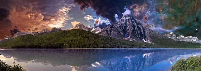 Panoramic mountain lake reflection with cosmic sky