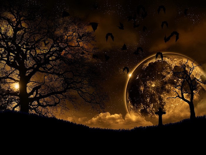 Eerie Night Landscape with Glowing Moon and Silhouetted Trees