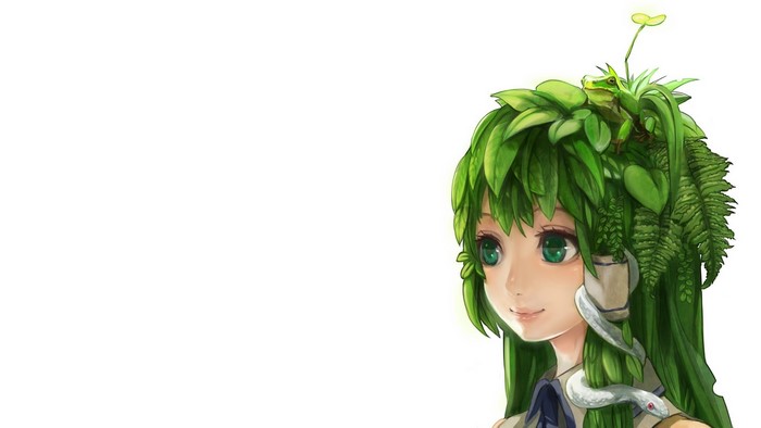 Anime girl with green hair and leaves, frog, snake