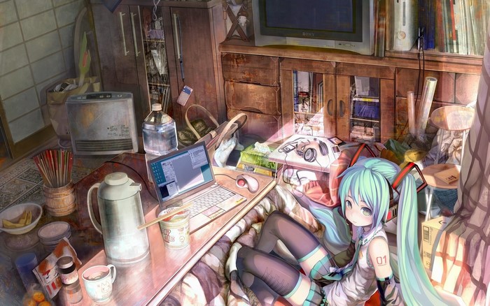 Hatsune Miku in a messy room with a computer