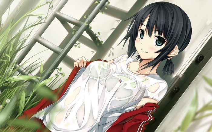 Girl in wet clothes with plants