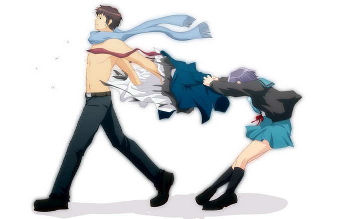 Anime boy with scarf and girl pulling clothes
