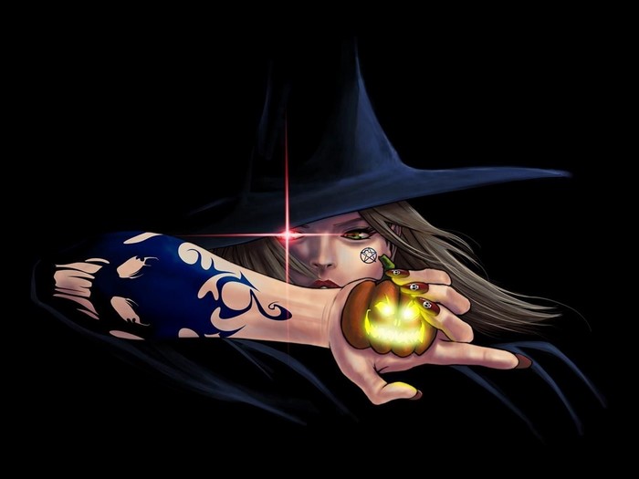Witch with glowing pumpkin and tattoo