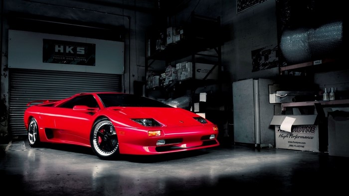 Red Lamborghini Diablo in a Garage