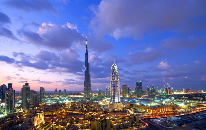 Dubai skyline with Burj Khalifa at dusk