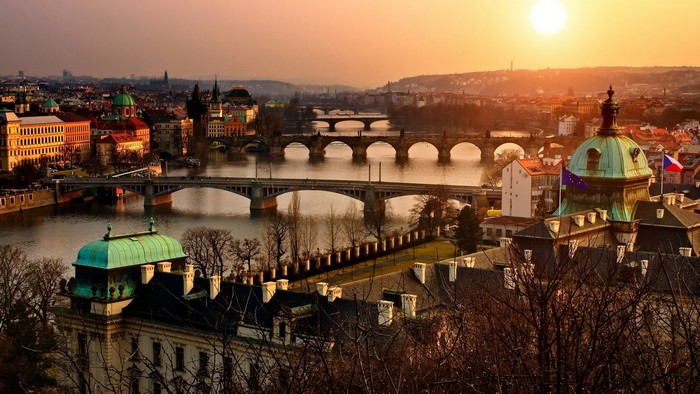 Prague bridges over Vltava River at sunset