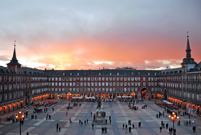 Plaza Mayor, Madrid, Spain at sunset