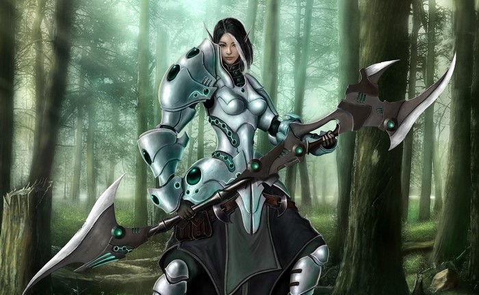 Elf warrior in ornate armor holding a large weapon in a forest