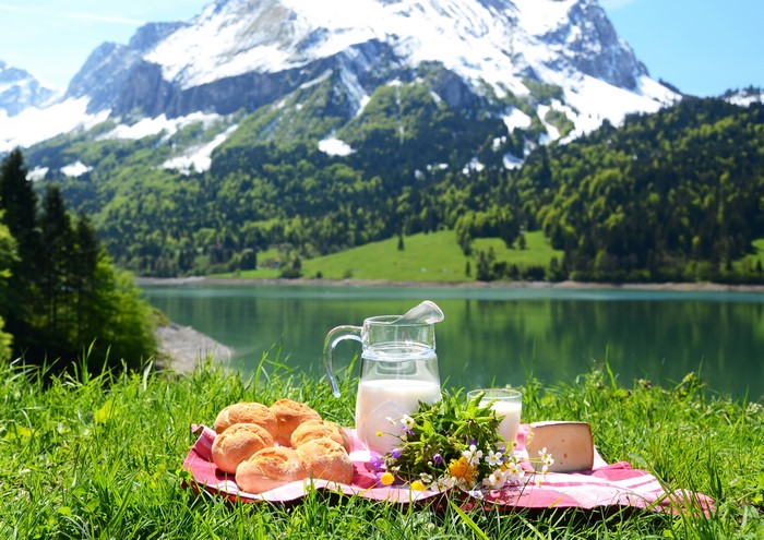 Picnic with Milk, Bread, and Cheese by a Mountain Lake