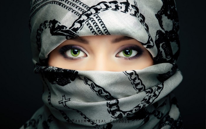 Mysterious Woman with Green Eyes in Scarf