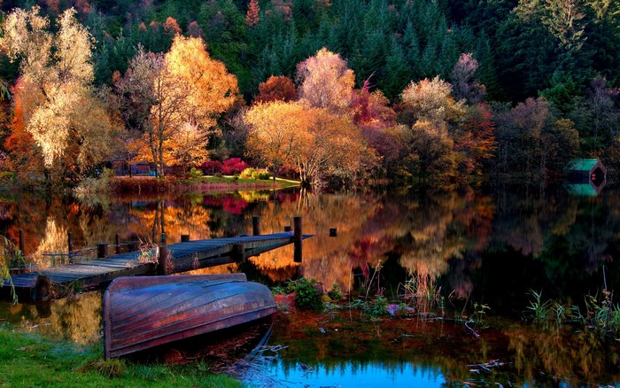 Autumn Lake with Boat and Colorful Tree Reflections