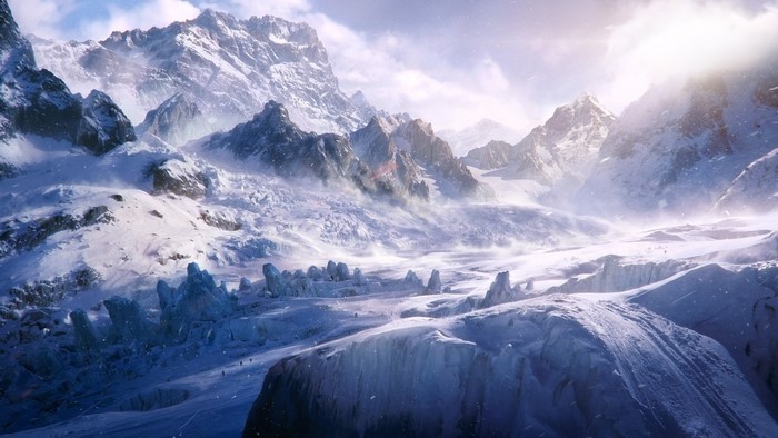 Snowy mountains with glaciers and wind