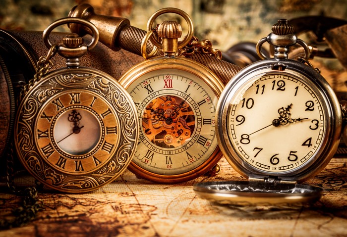 Three antique pocket watches on a map