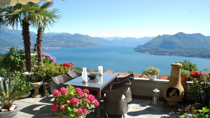 Balcony with lake and mountain view in Stresa, Italy