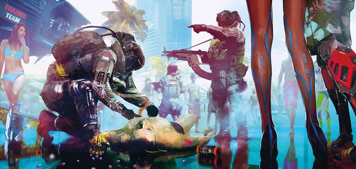 Trauma Team from Cyberpunk 2077 on a beach