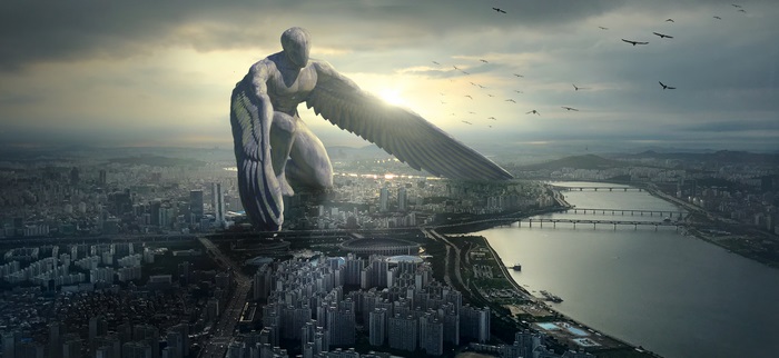 Giant Winged Angel Over City at Sunset 4K