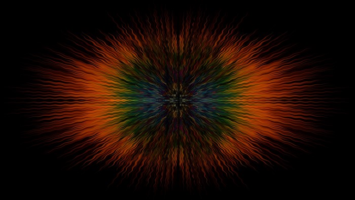Abstract radial burst of wavy lines in orange, green, and blue