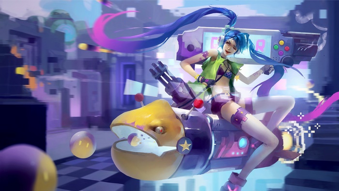 Jinx from League of Legends riding a fish-shaped vehicle