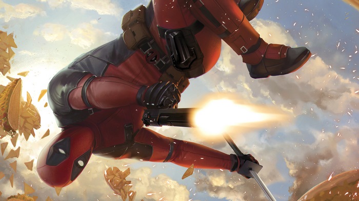 Deadpool from Marvel shooting guns and tacos in the sky
