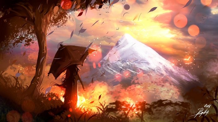 Girl with umbrella near mountain at sunset