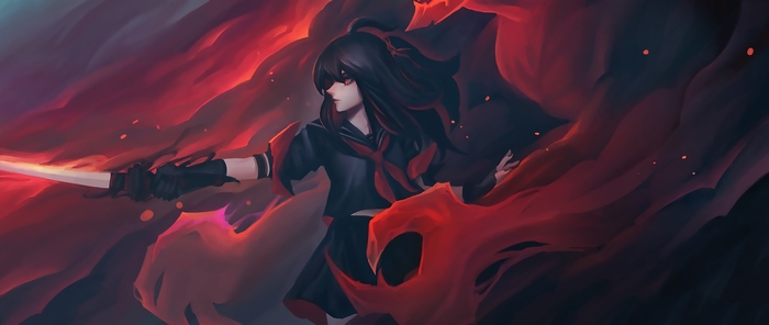 Anime girl with sword in red flames