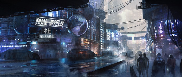 Sci-fi city street with neon signs and rain