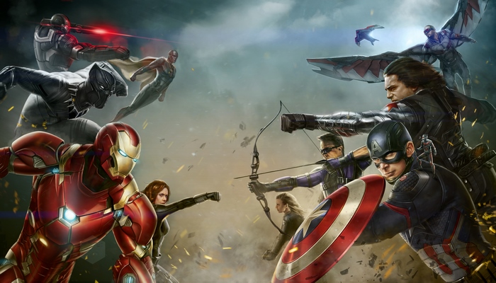 Iron Man, Captain America, and Avengers in battle artwork