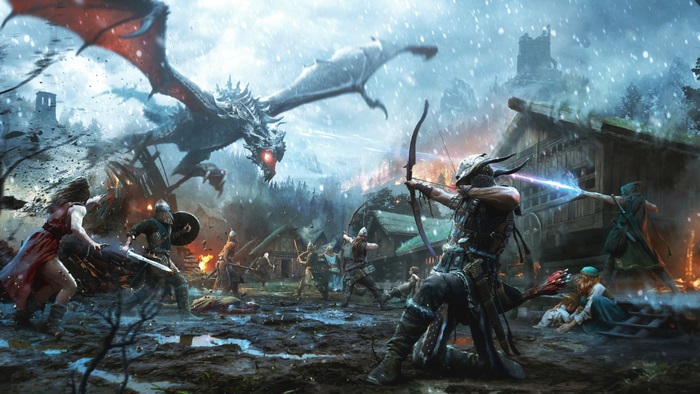 Dragon attacking a village in The Elder Scrolls
