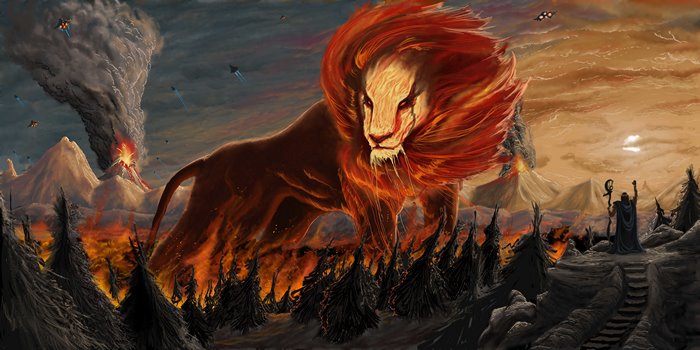 Fiery Lion and Wizard in a Volcanic Landscape