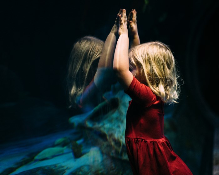 Girl in red dress playing with reflection in aquarium
