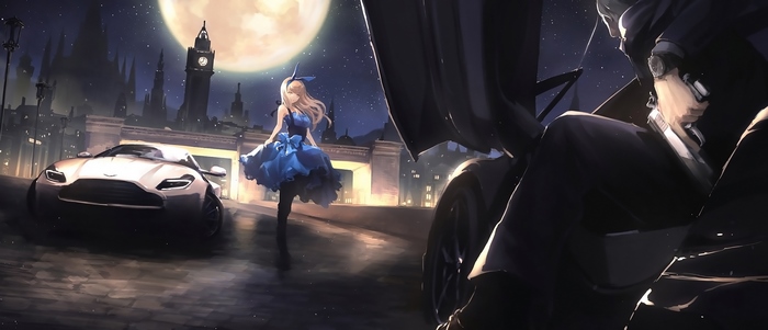 Anime girl in blue dress with car and clock tower at night