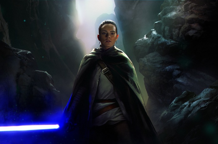 Rey from Star Wars with a blue lightsaber