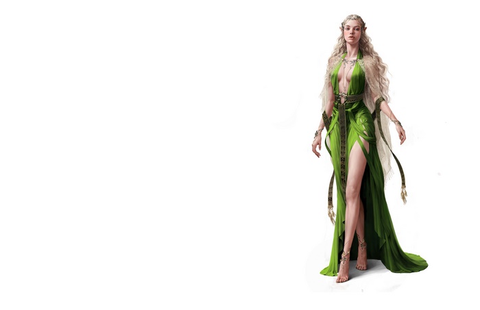 Elf woman in a green dress on a white background