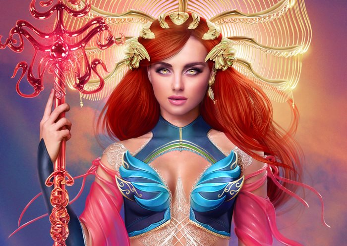 Fantasy artwork of a red-haired witch with a staff