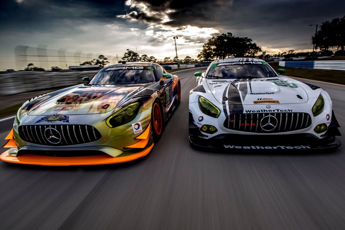 Two Mercedes-AMG GT3 race cars on track
