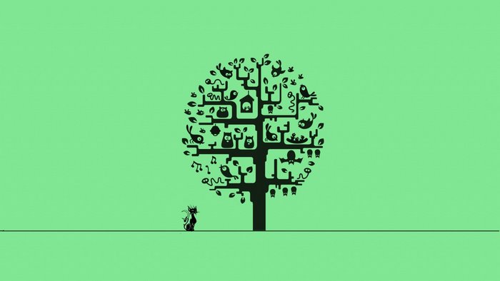 Minimalist tree with animals and a cat