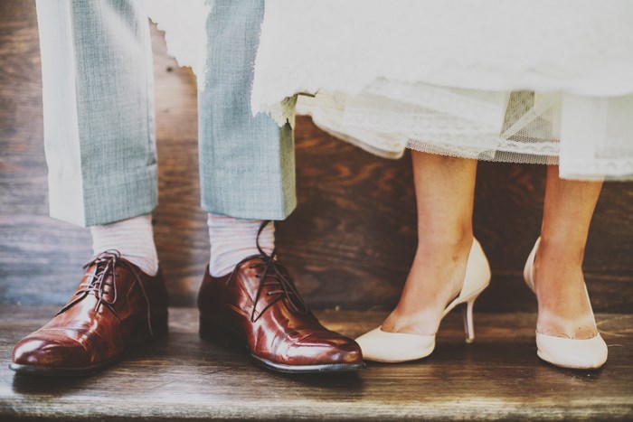 Bride and Groom's Feet in Wedding Attire